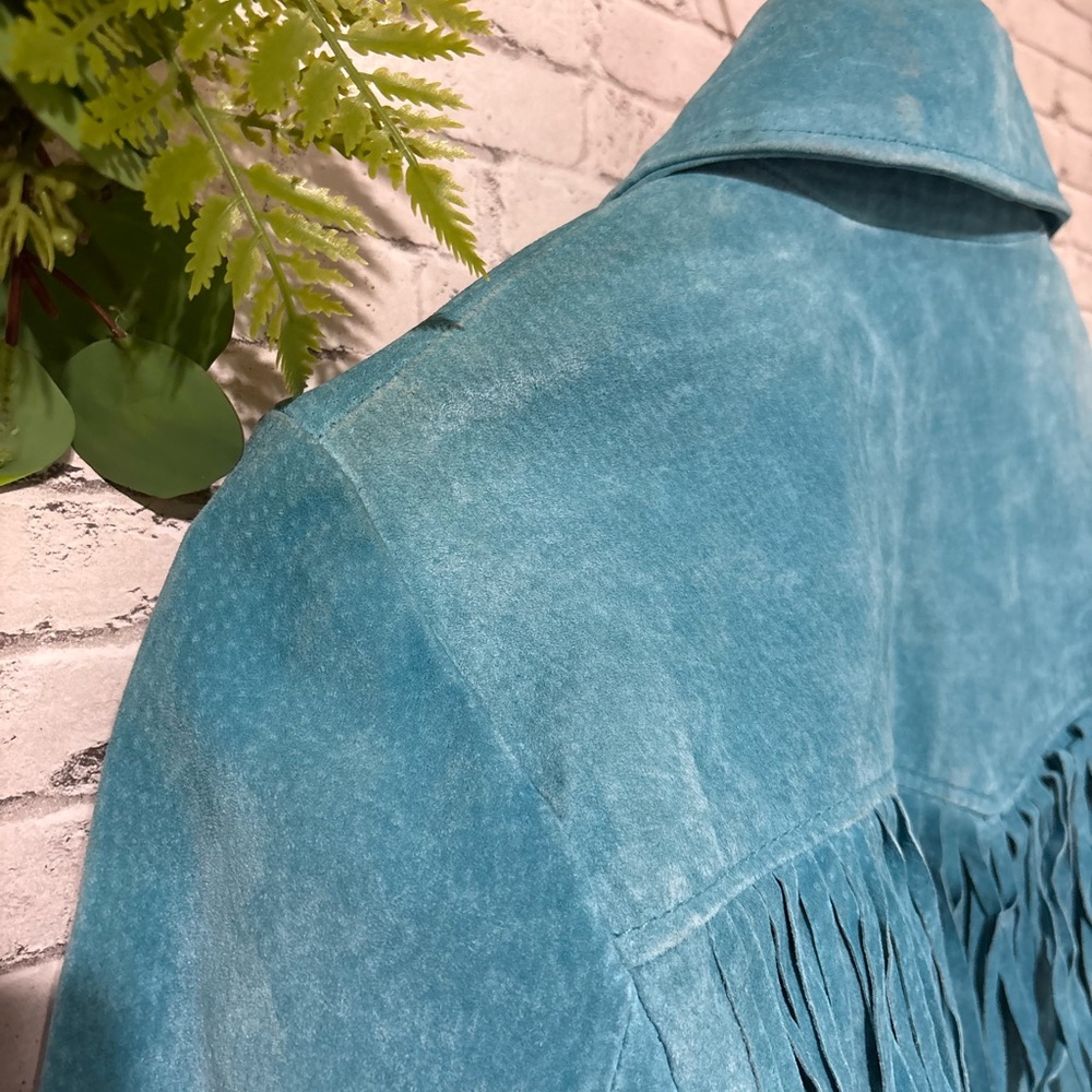 Vintage Margaret Godfrey Turquoise Suede Leather Fringe Western Rodeo Jacket - Picture 7 of 7